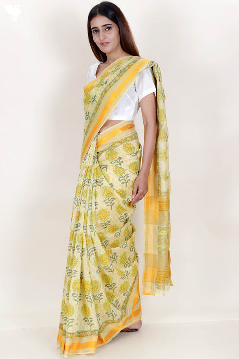 Maheshwari Saree In Floral Block Print