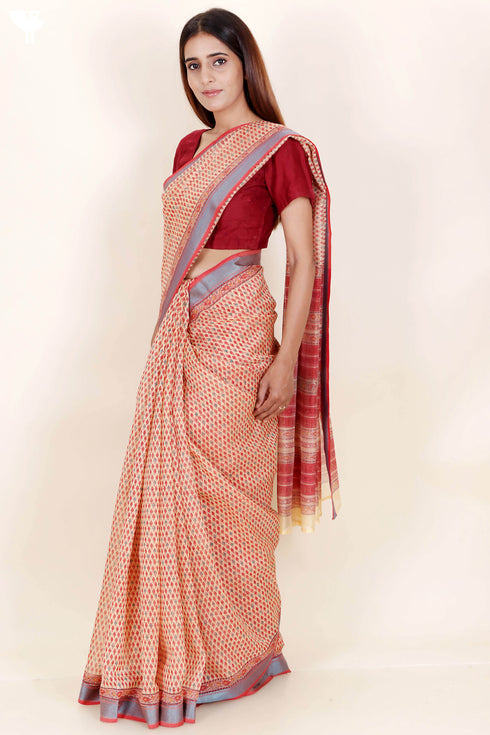 Maheshwari Saree In Floral Block Print