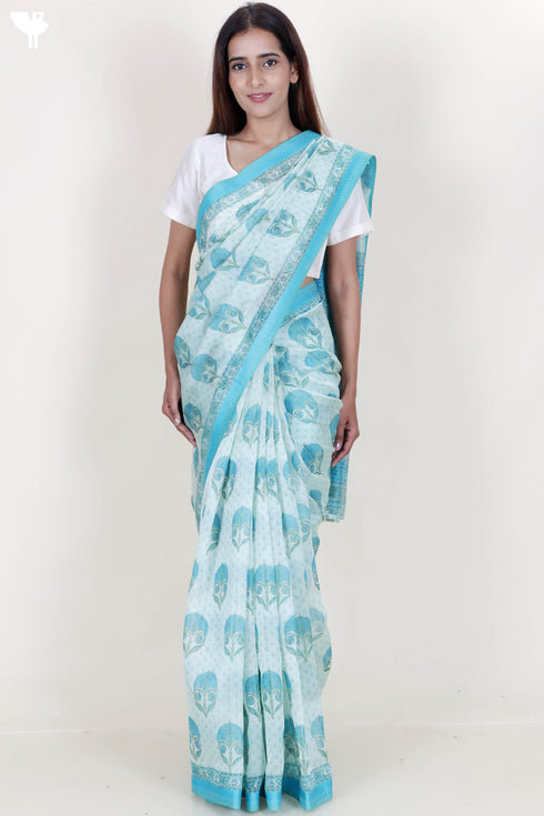 Maheshwari Silk Saree In Floral Block Print