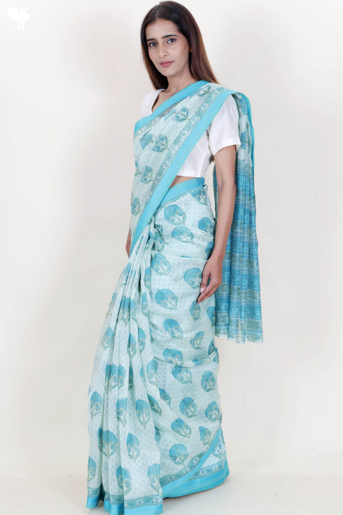 Maheshwari Silk Saree In Floral Block Print