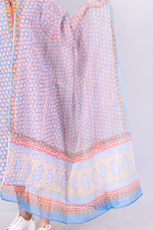 Kota Doria Dupatta With Assorted Block Print