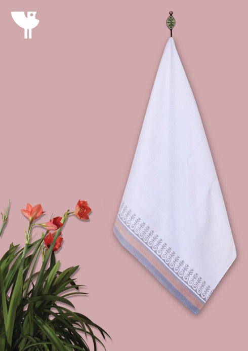 Handloom Cotton Hand Towel With Block Printed Border