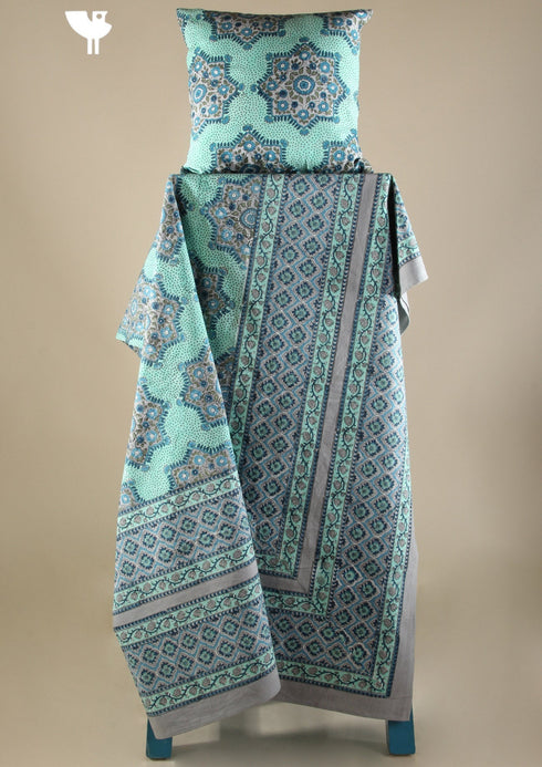20s Cotton KING SIZE Bed Cover In Mint Green and Slate Grey Geometric Floral Block Print