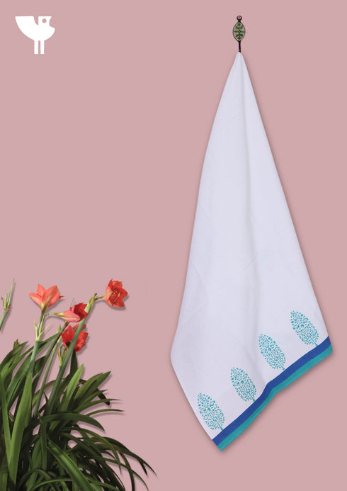 Handloom Cotton Bath Towel With Block Print Border