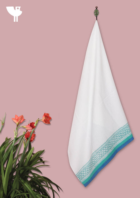 Handloom Cotton Bath Towel With Block Print Border