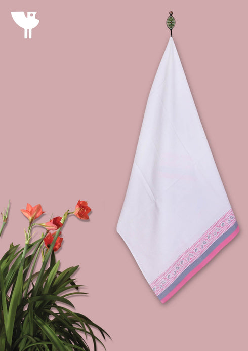 Handloom Cotton Bath Towel With Block Print Border