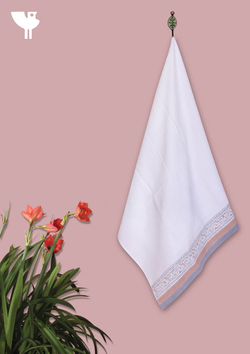 Handloom Cotton Bath Towel With Block Print Border