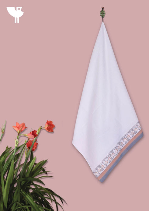 Handloom Cotton Bath Towel With Block Print Border