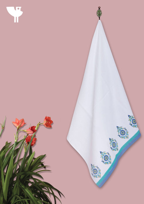 Handloom Cotton Bath Towel With Block Print Border
