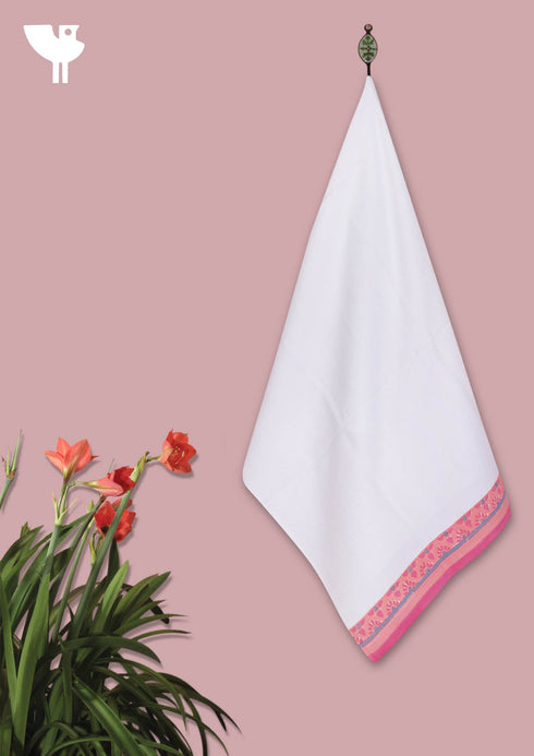 Handloom Cotton Bath Towel With Block Print Border