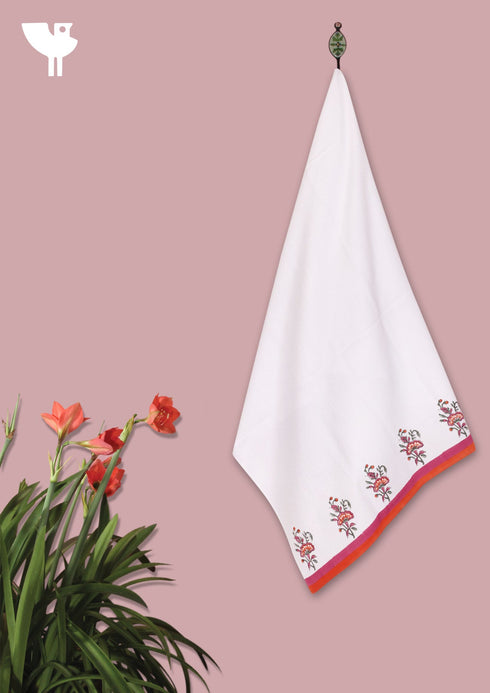 Handloom Cotton Bath Towel With Block Print Border