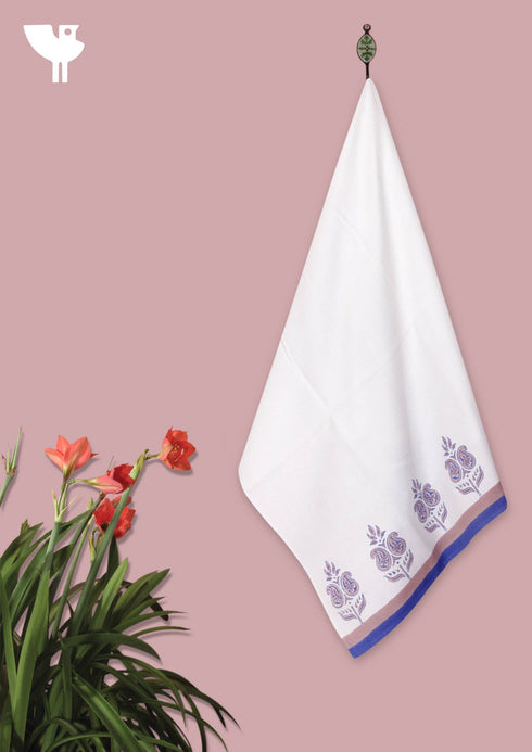 Handloom Cotton Bath Towel With Block Print Border