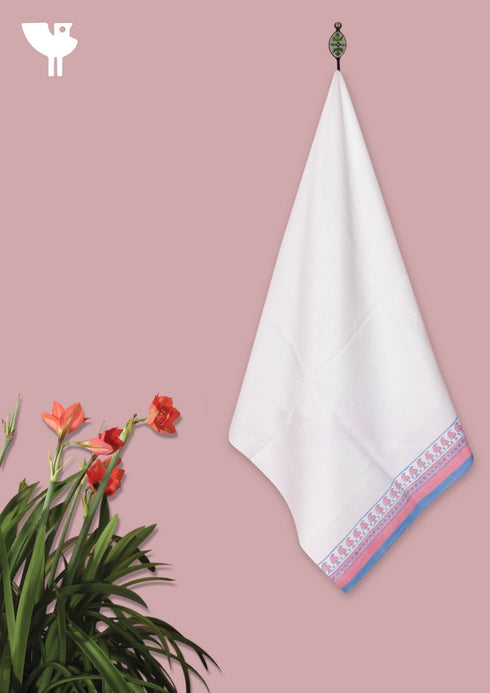 Handloom Cotton Bath Towel With Block Print Border