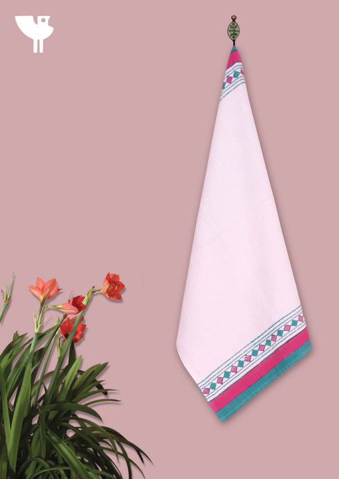 Handloom Cotton Hand Towel With Block Print Border