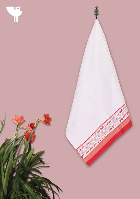Handloom Cotton Hand Towel With Block Print Border