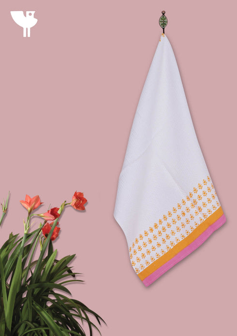Handloom Cotton Hand Towel With Block Print Border