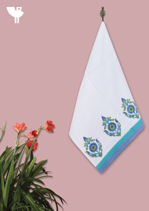 Handloom Cotton Hand Towel With Block Print Border