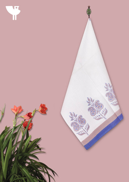 Handloom Cotton Hand Towel With Block Print Border