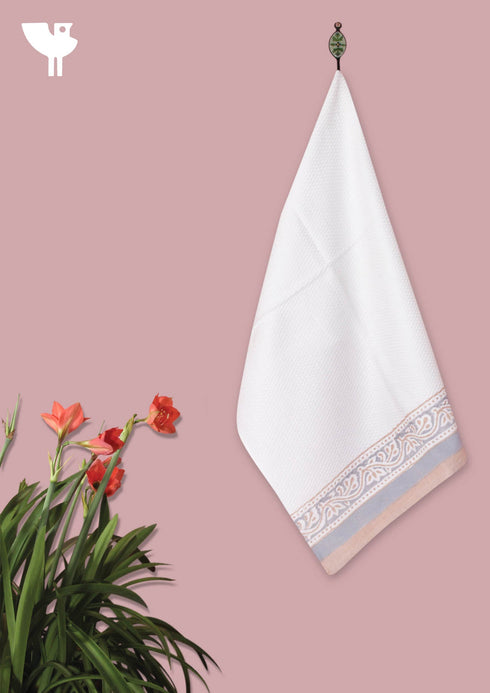 Handloom Cotton Hand Towel With Block Print Border