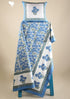 Cotton Bedspread With Floral Block Print in Blue on White Base