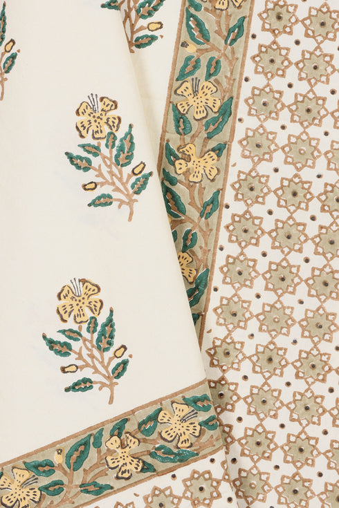 Pale Yellow Floral Block Printed Bedcover in Cotton