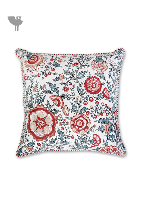 20s Cotton Cushion Cover In Indian Blue and Brick Red Floral Print