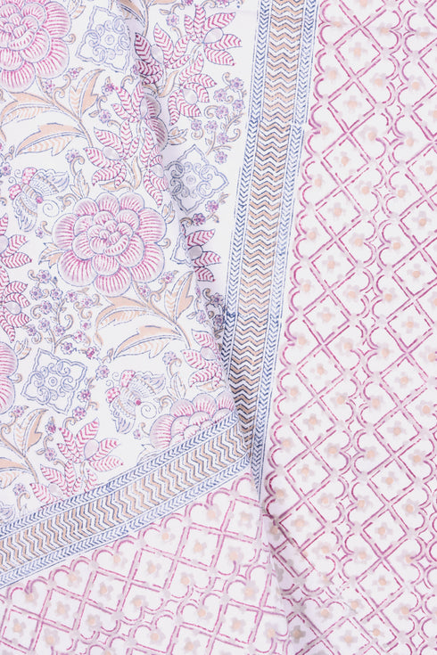 20s Cotton KING SIZE Bed Cover In Floral Block Print