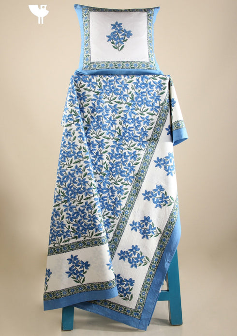 Cotton KING SIZE Bedspread With Floral Block Print in Blue on White Base