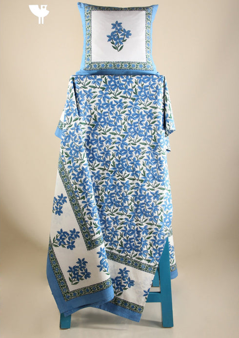 Cotton KING SIZE Bedspread With Floral Block Print in Blue on White Base
