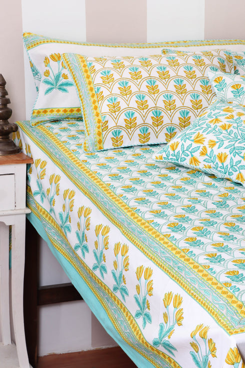 40’s Cotton Pillow Cover In Floral Block Print