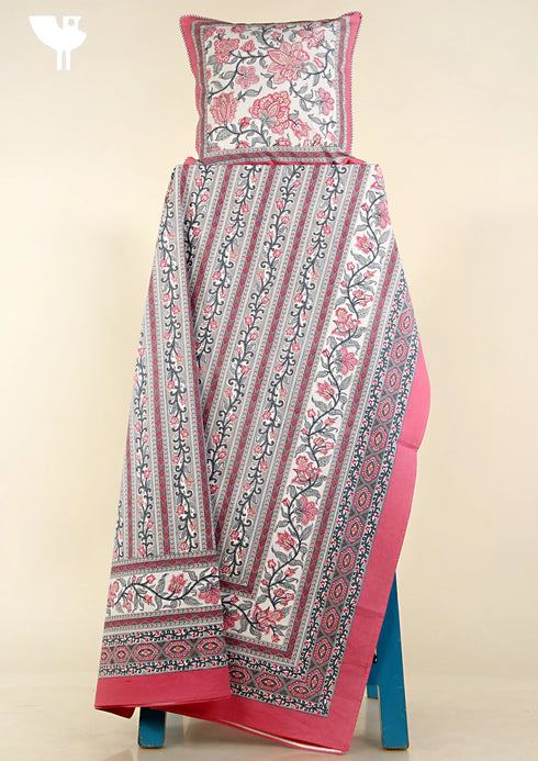 20s Cotton Bed Cover In Cloud Grey and Rose Pink Floral Print