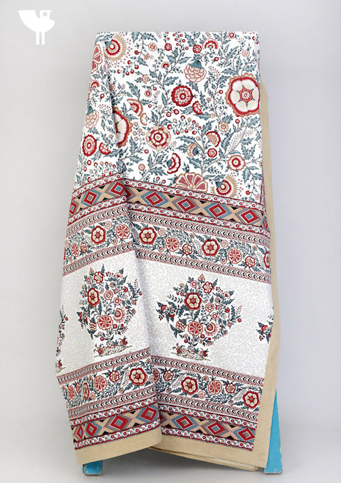 20s Cotton Bed Cover In Indian Blue and Brick Red Floral Print