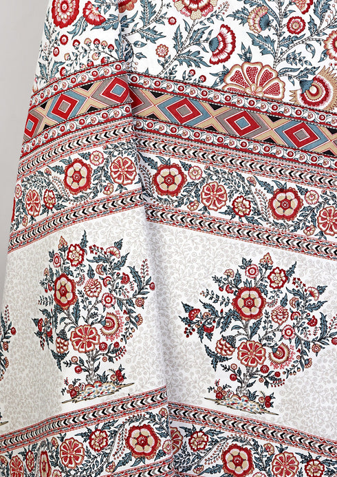 20s Cotton Bed Cover In Indian Blue and Brick Red Floral Print