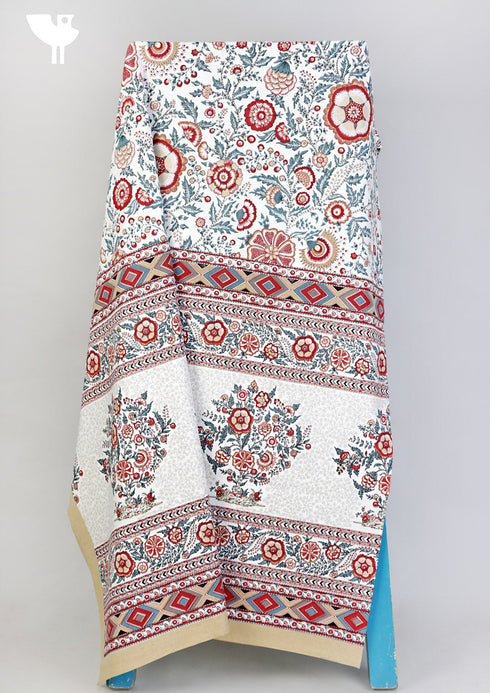 20s Cotton Bed Cover In Indian Blue and Brick Red Floral Print