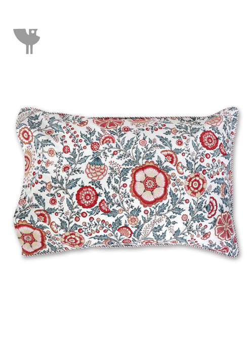 40s Cotton Pillow Cover In Indian Blue and Brick Red Floral Print