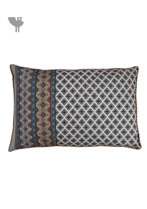 40s Cotton Pillow Cover In Grey, Bordeaux Red and Steel Blue Floral Block Print