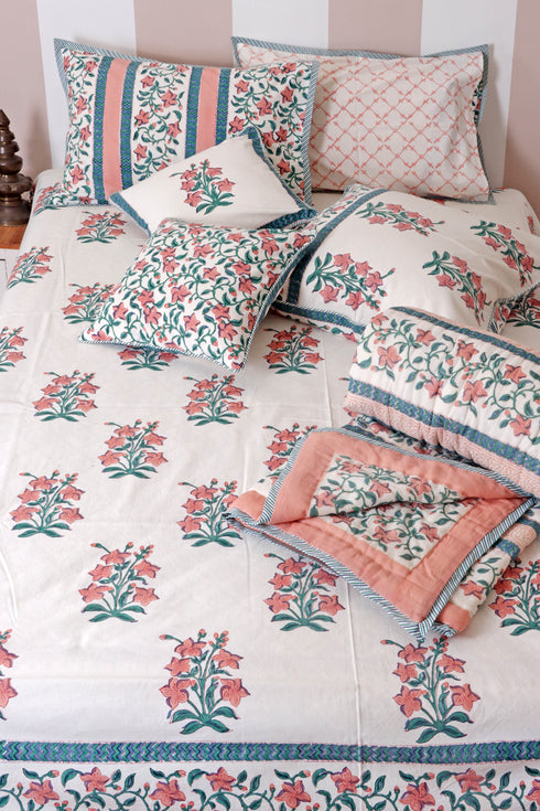 20s Cotton KING SIZE Bed Cover In Floral Block Print