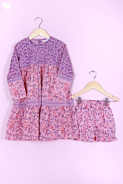 Cotton Frock & Shorts Set In Floral Block Print