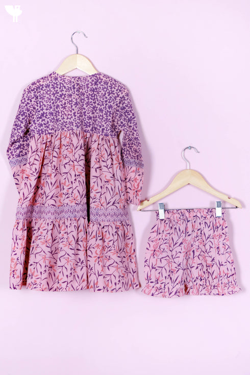 Cotton Frock & Shorts Set In Floral Block Print