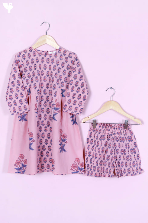 Cotton Frock & Shorts Set In Block Print