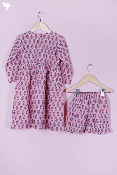 Cotton Frock & Shorts Set In Block Print