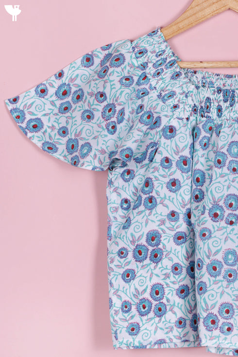 Cambric Cotton Shirred Top In Floral Block Print