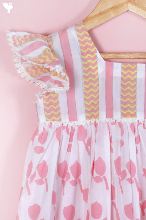 Cambric Cotton Frock In Floral Block Print