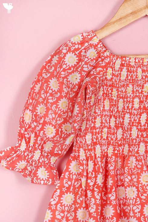 Cambric Cotton Shirred Top In Floral Block Print