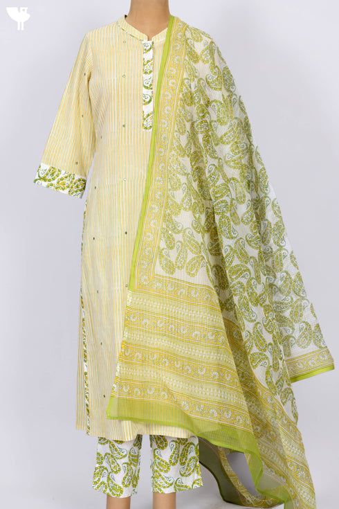 Cambric Cotton Kurta And Pant Set With Kota Doria Dupatta In Block Print