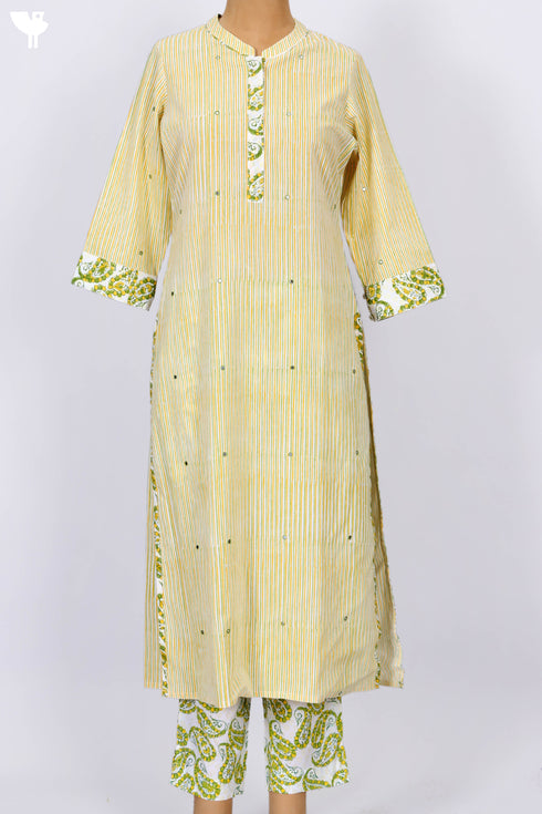 Cambric Cotton Kurta And Pant Set With Kota Doria Dupatta In Block Print