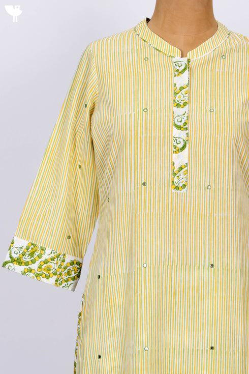 Cambric Cotton Kurta And Pant Set With Kota Doria Dupatta In Block Print