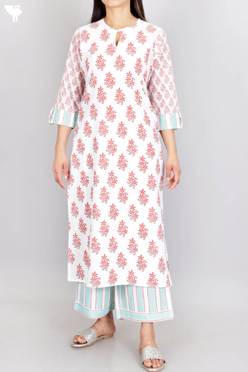 Cambric Cotton Kurta And Pant Set In Floral Block Print