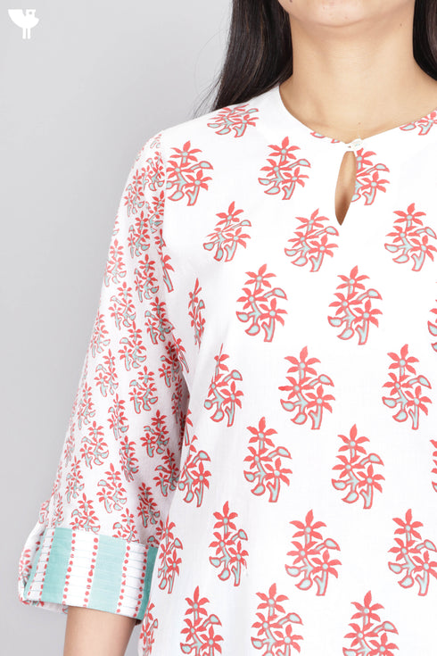 Cambric Cotton Kurta And Pant Set In Floral Block Print