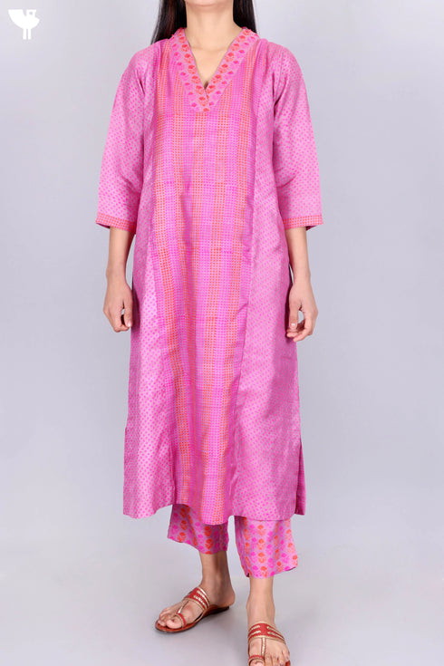 Tussar Silk Kurta, Pant and Dupatta Set In Block Print